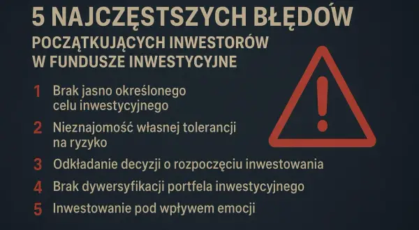 5 najczęstszych błędów początkujących inwestorów w fundusze inwestycyjne, z ikoną ostrzegawczą.